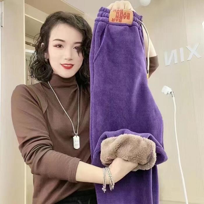 Women's Winter Cotton-Velvet Sweatpants: Loose, Warm, Casual Lambskin for Female Students
