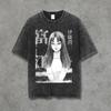Retro Washed Black Cotton T-Shirt Gothic Horror Manga Girl with Spider Web Print Oversized Streetwear Tee