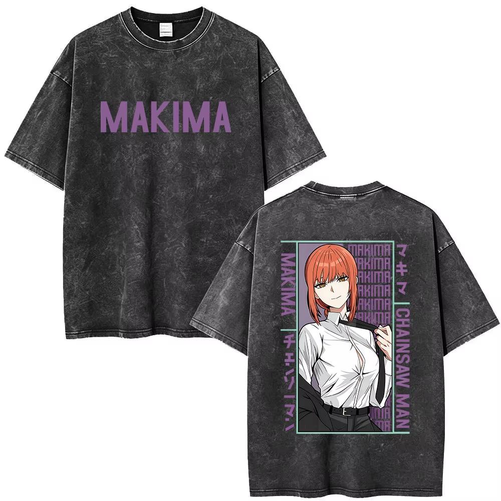2026 Summer Hot Sale Anime Chainsaw Man MAKIMA Vintage Washed T Shirts Y2K Men Women Hip Hop Punk Streetwear Oversized T-shirt