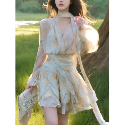 French Floral V-neck Long-sleeved Chiffon Dress Women's Spring and Summer Large Size Yellow Gentle Design Waist A-word Short Skirt