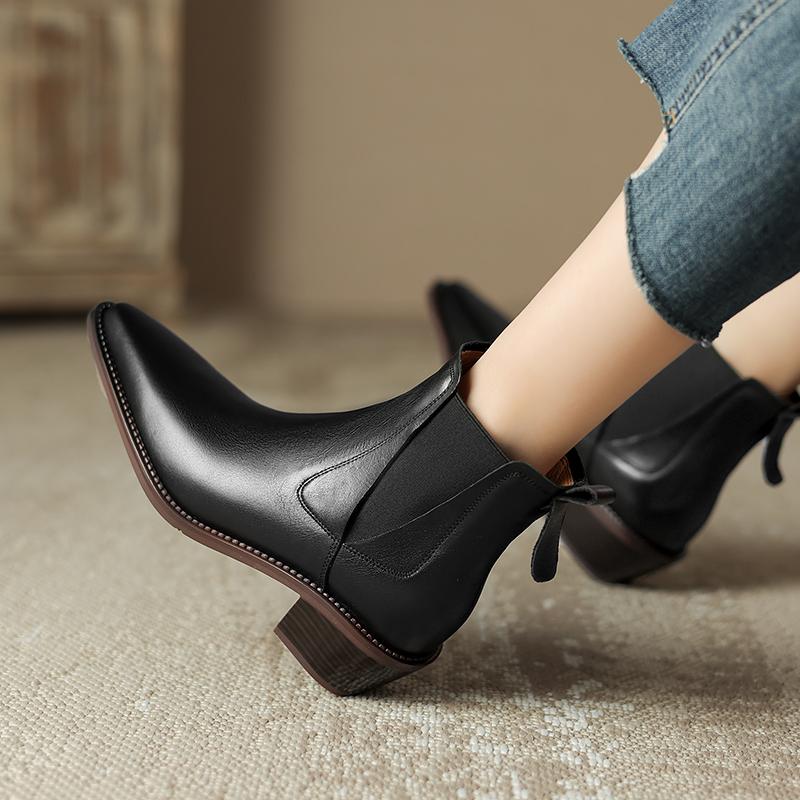 2024 Vintage Women Genuine Leather Ankle Boots Autumn Winter Thick Heels High Quality Elastic Band Office Lady Retro Shoes Woman
