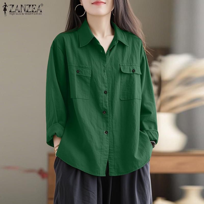 ZANZEA Women Casual Turn Down Collar Loose Long Sleeve Blouse