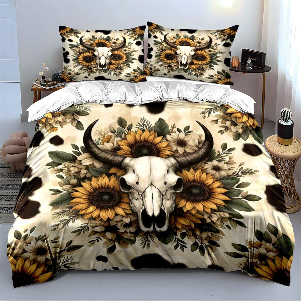Cow Skull and Sunflower Set Bedding Duvet Cover Set Duvet Cover Pillowcases (1 * Duvet Cover 2 * Pillowcases, Without Duvet Insert)