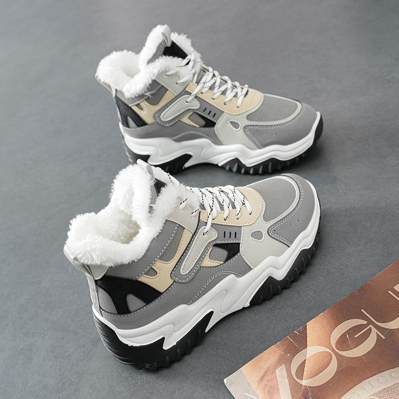 Women's 2025 Autumn White High-Top Dad Sneakers: Plus Velvet, Thick Sole, Versatile Casual Sports Shoes.