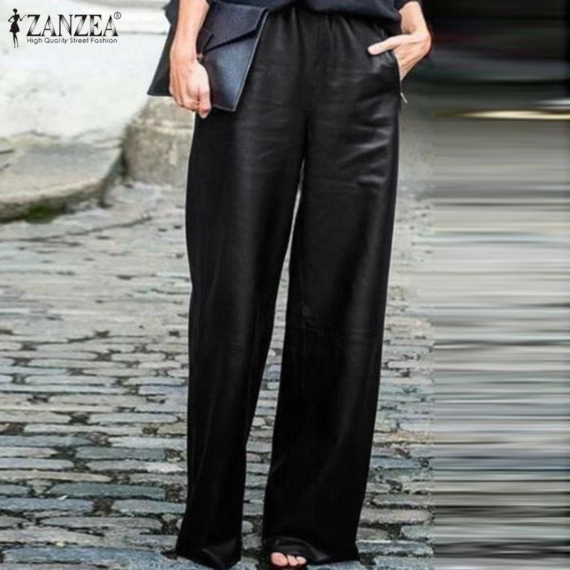 Pantalón largo y ancho con cintura elástica en tela de imitación cuero para  mujer comprar a buen precio — entrega gratuita, reseñas reales con fotos —  Joom