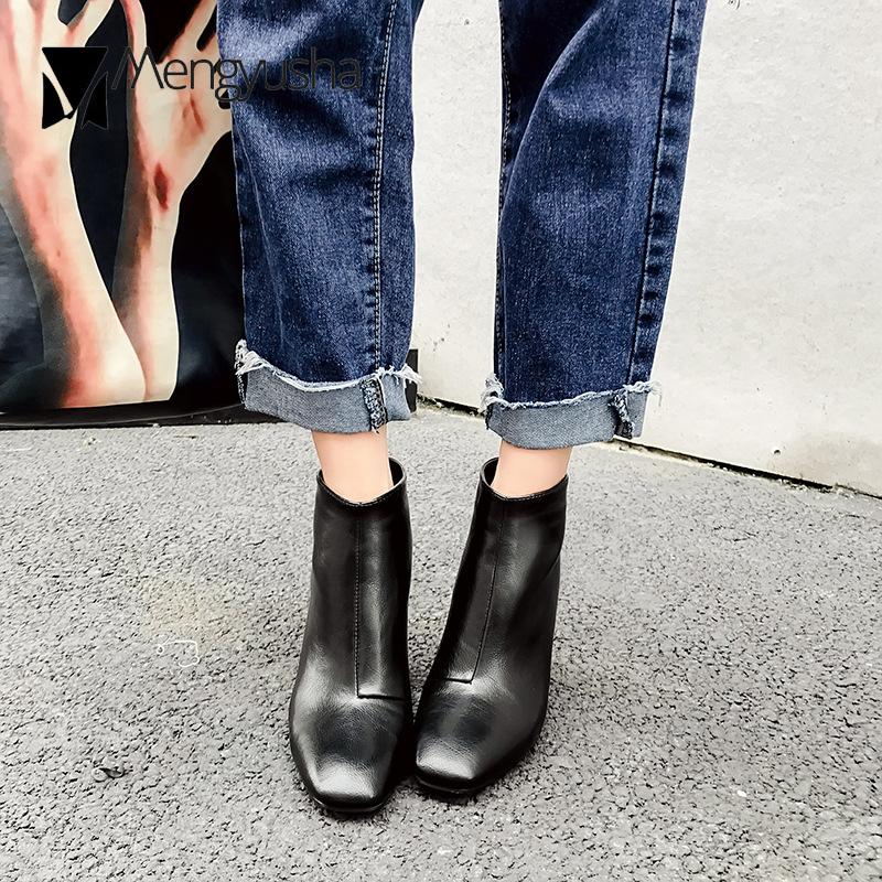 Black/brown Leather Chunky Ankle Boots Ladies Back Button Zipper Chelsea Booties Women Brief All-match High Heels Bottes Female