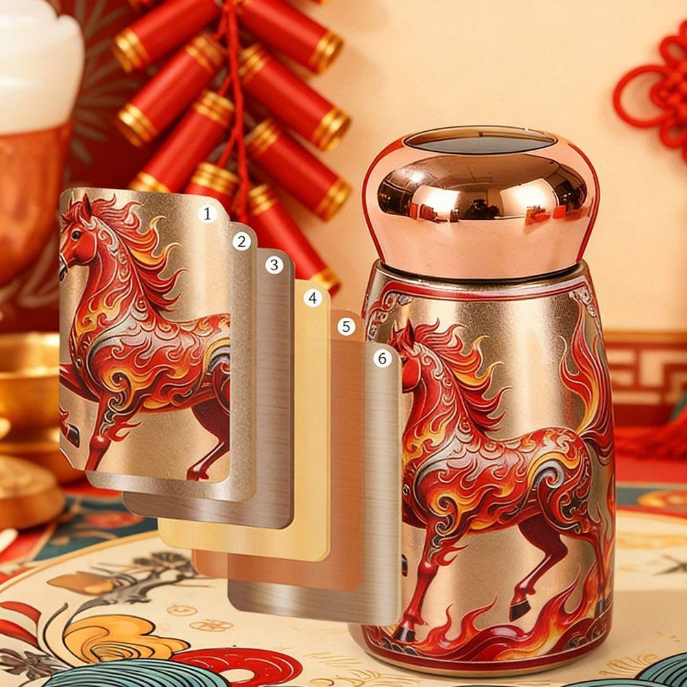304 Stainless Steel Horse Year Insulated Cup 230ml Chinese Style Coffee Mug Temperature Display Leak-Proof Vacuum Pocket Cup