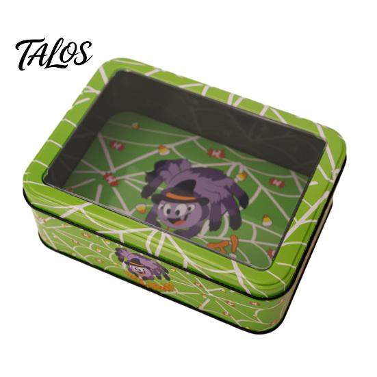 Desktop Decorative Storage Halloween Tin Box with Clear Lid, Witch Pumpkin Ghost Candy Snack Holders Container for Cookies Snacks, Festive Organizer