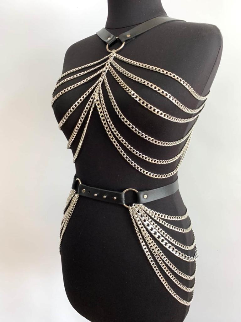 Fashion Body Chain Set: Leather belt paired with cage-style chest harness accessory, perfectly complements  carnival outfits