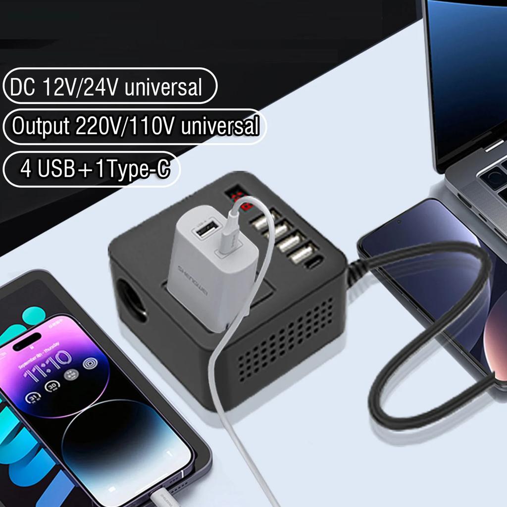 Efficient 12V 24V To 110V 220V Electricity Changer with 4 USB Ports & Type C Automotive Power Adapter for Road Trips