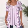 Women's T-shirt, Fashionable and Elegant, Women's Fake Two-piece Flower Print Shirt, Casual Short-sleeved Button Loose Top