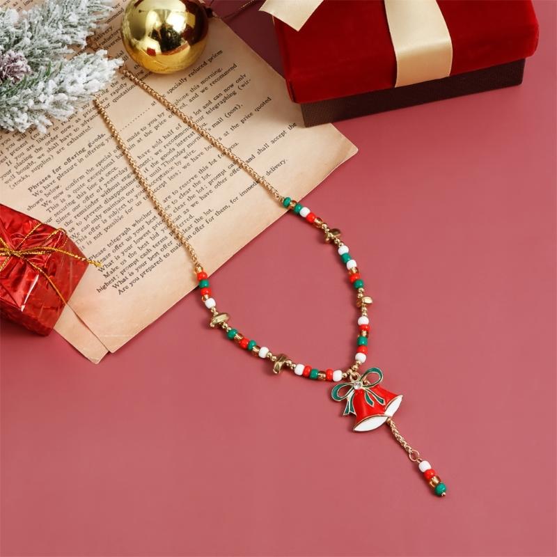 Festive Christmas Cartoon Bell Pendant Beaded Necklace Adjustable Collarbone Chain Jewelry Gift For Women