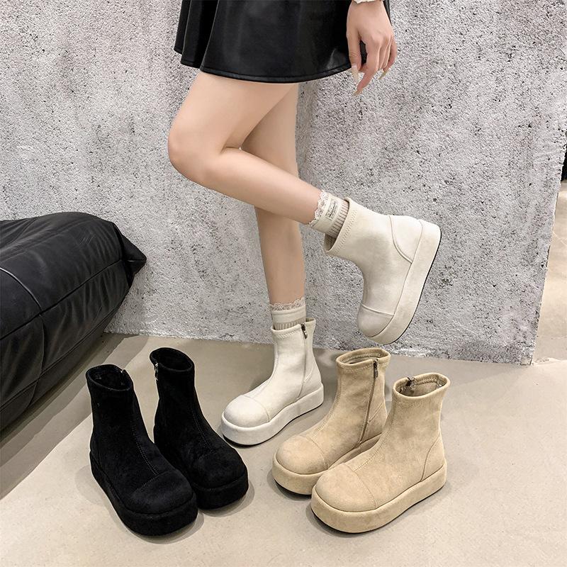 Sheepskin version! Niche design sense white thin boots small thick-soled short boots fashion casual round head elastic boots