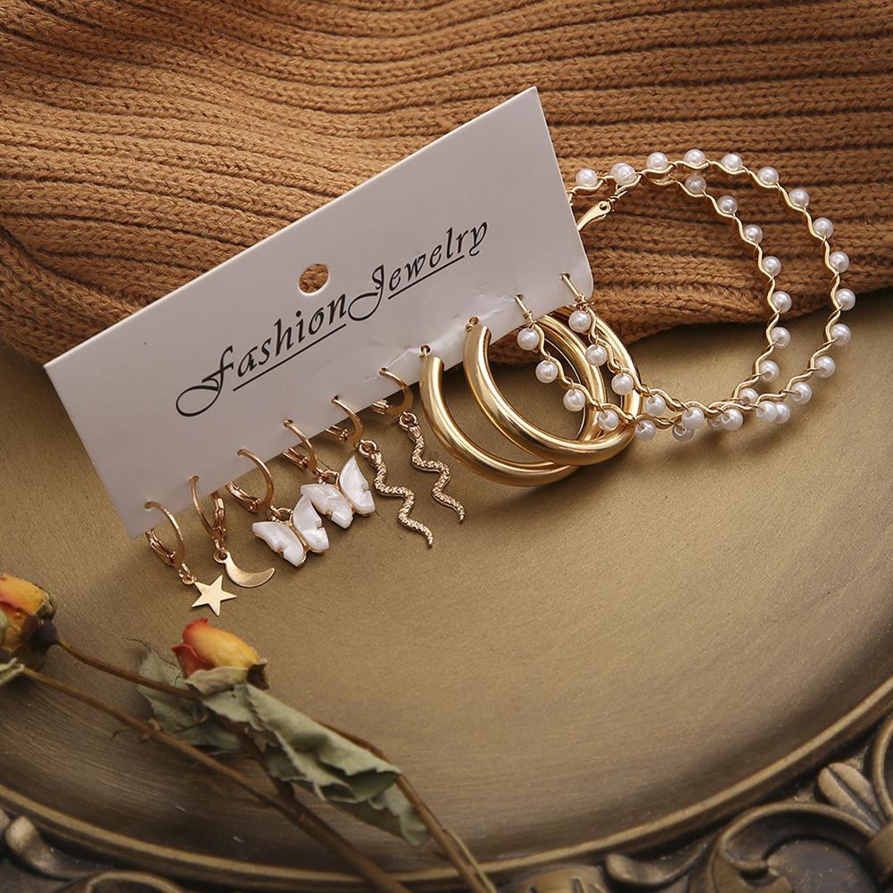 5 Pairs Of Women Alloy Hoop  Earrings  Set Creative Simple Star Moon Snake Butterfly Pearl C-shaped Earrings Jewelry Girls Gifts