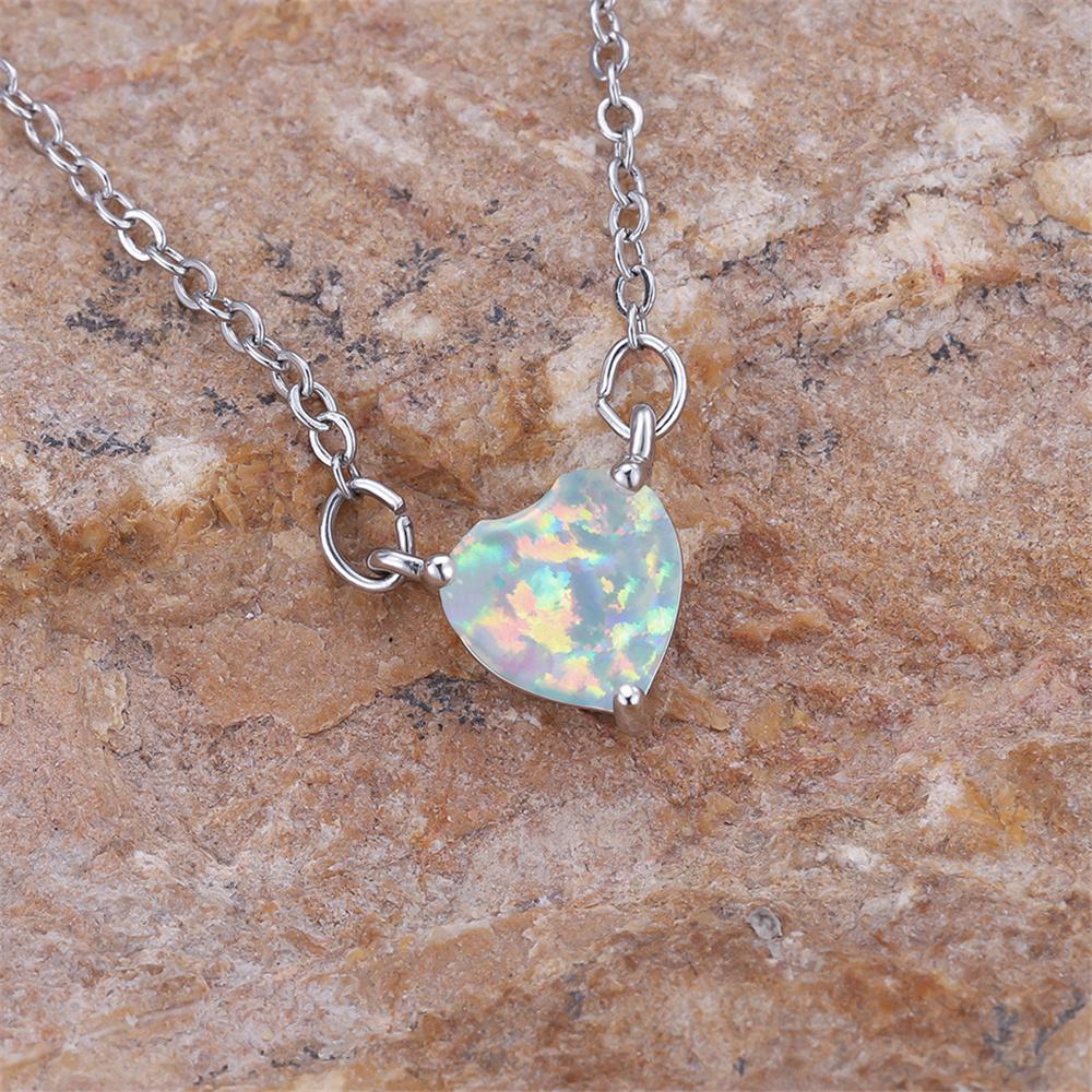 Female Crystal White Opal Stone Love Heart Pendant Necklace Vintage Silver Color Wedding For Women