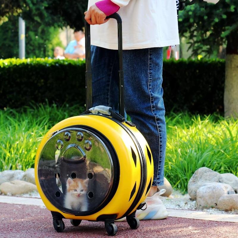 Transparent PC Pet Rolling Carrier Convenient Outdoor Cat Cage Comfortable Breathable Flight Case Universal Wheels Cat Travel