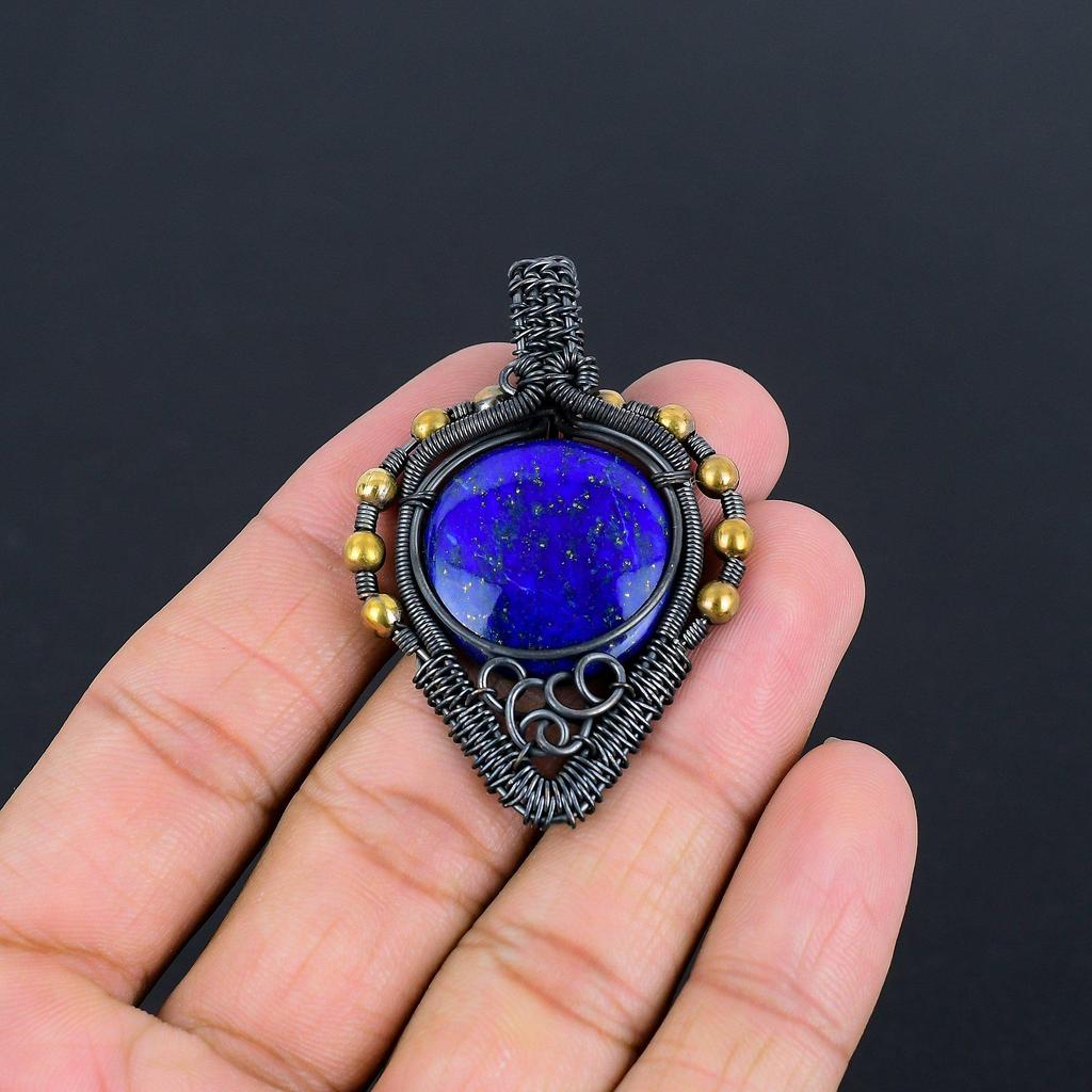 Lapis Lazuli Pendant Handmade Gemstone Jewelry, 999 Copper Wire Wrapped Pendant ,Unique Design Jewelry Pendant
