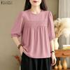 Women Casual Round Neck Solid Color 3/4 Sleeve Loose Blouse