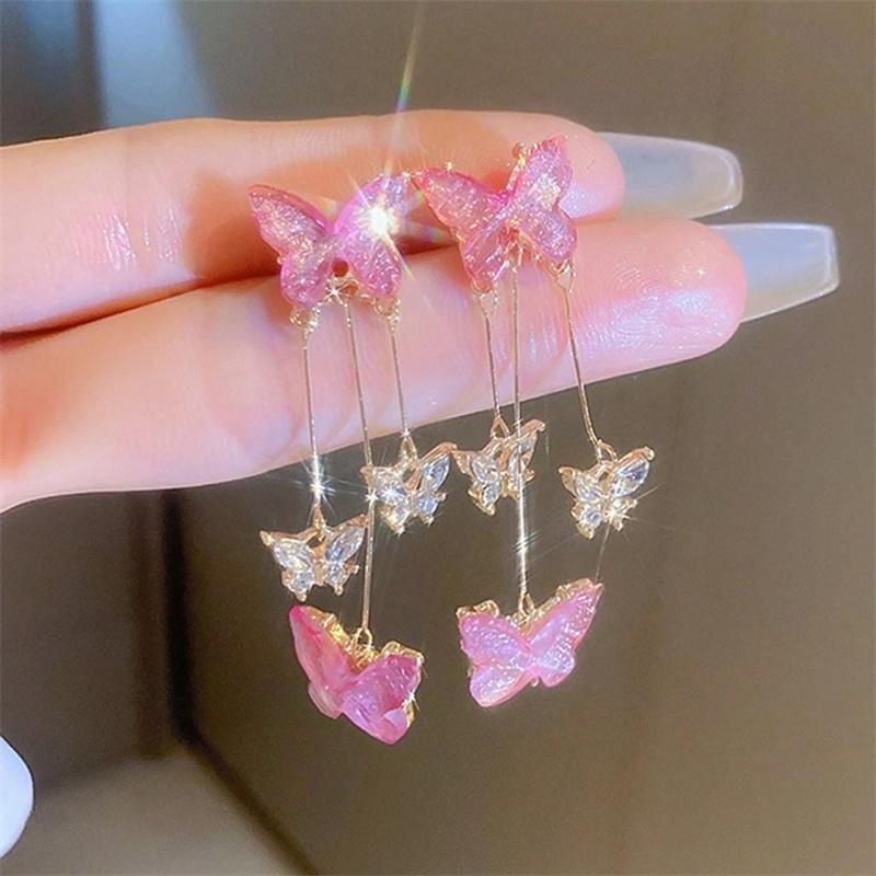 Romantic Purple Butterfly Drop Earrings for Women Shiny Rhinestone Crystal Long Tassel Earrings Delicate Wedding Party Jewelry