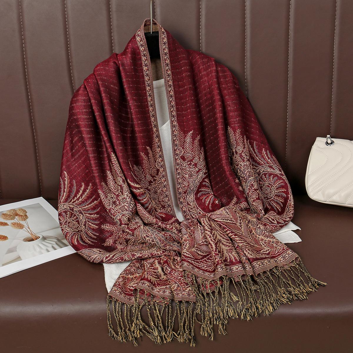 

Muslim Paisley Embroidery Scarf Thick Pashmina Long Tessles Shawls Vintage Sun Flower Pareos Fashion Sunscreen Stoles