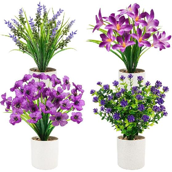 4 Packs Fake Plants Mini Purple Artificial Potted Flowers Small Faux Plants Indoor for Home Office Bathroom Farmhouse Tabletop Spring Decor