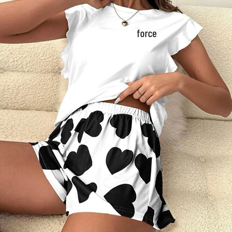 Women's Summer Fly Sleeve T-Shirt & Long Pants Pajama Set - Milk Silk Heart Print