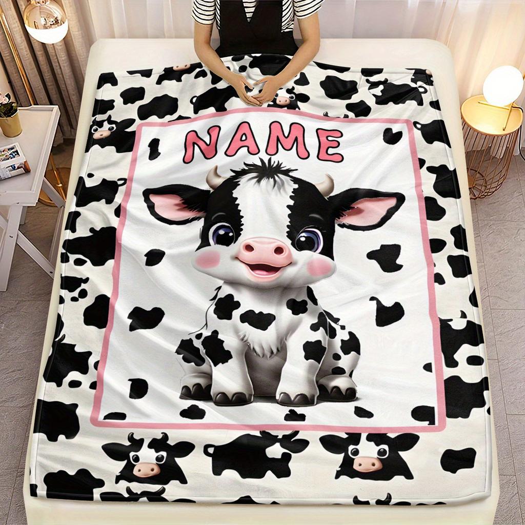 Coperta Personalizzata Mucca Nome Personalizzato Stampa Mucche Carine Pile Plaid Stagione Singola Morbida Calda Biancheria da Letto per Bambini Arredamento Fattoria Regalo