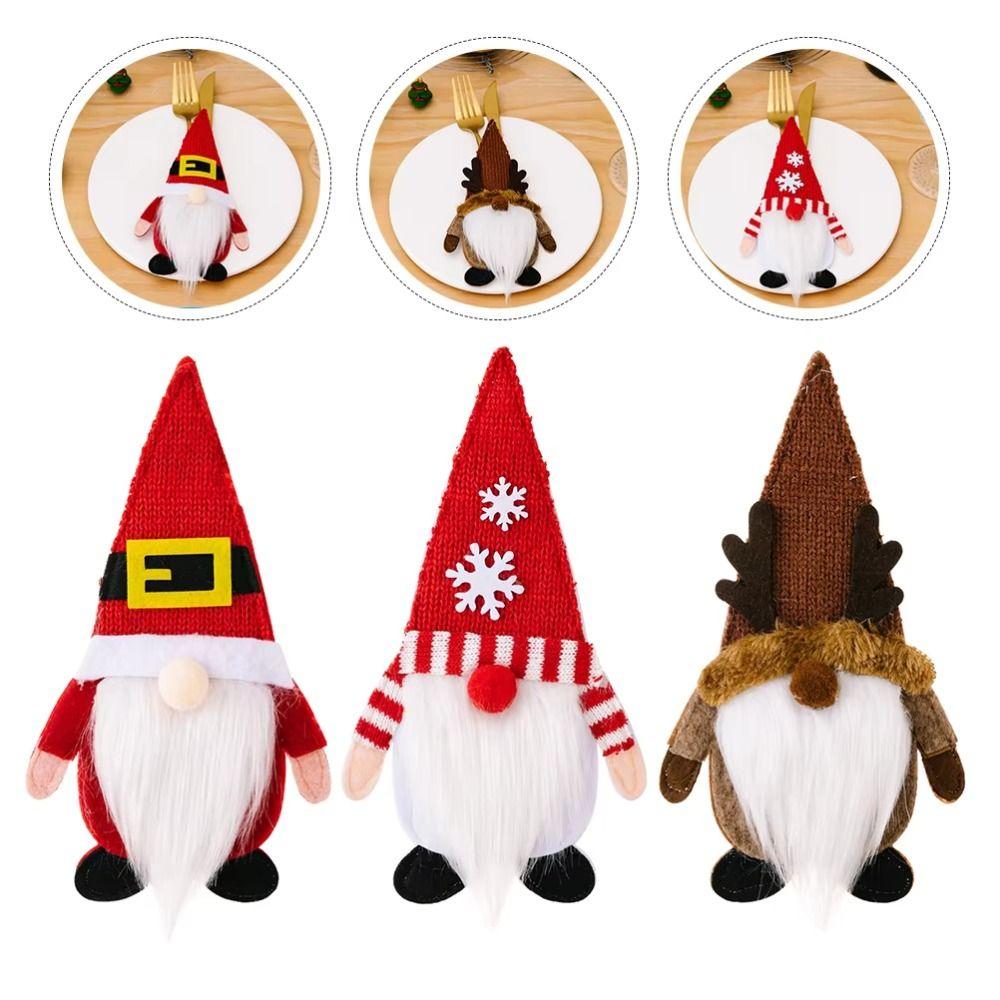 Cartoon Santa Claus Silverware Holder Faceless Doll Xmas Tableware Storage Bag  Home Xmas Decor