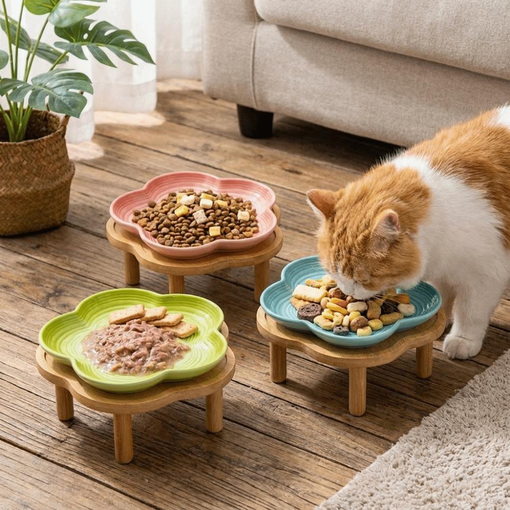 Large Capacity Ceramic Elevated Cat Bowl Cervical Spine Protection Anti-slip Pet Food Bowl with Wood Stand Anti Tipping