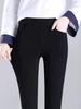 Women's Black High-Waisted Slim-Leg Pants - Velvet Lined, Elastic Waist, Tight-Fit, Petite, Ideal for Autumn/Winter.