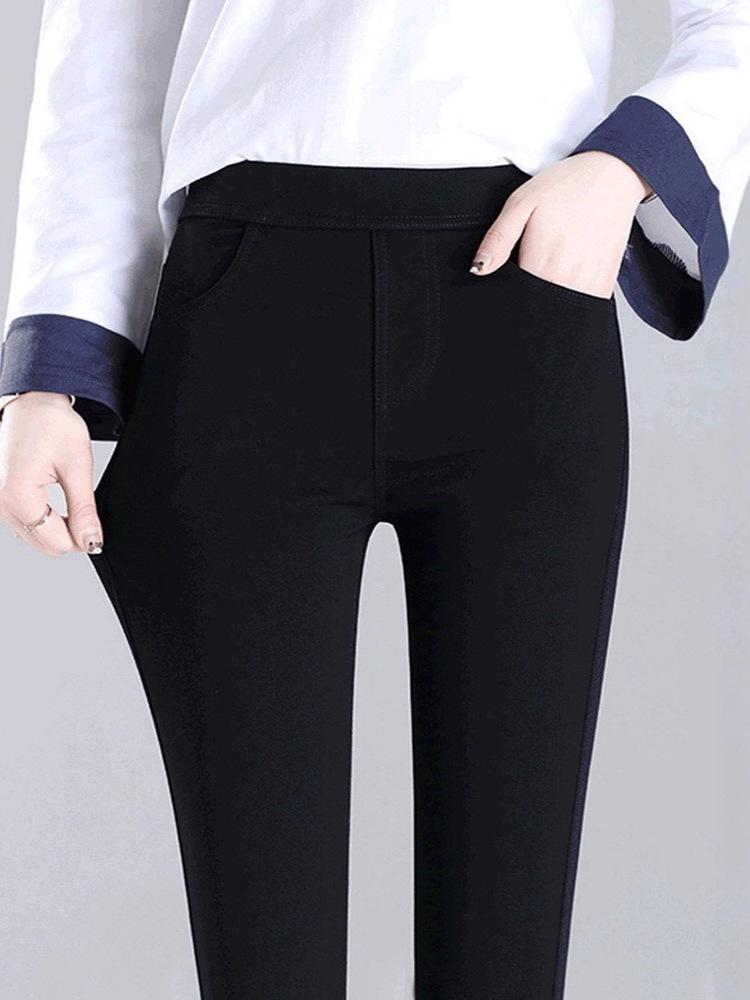 Women's Black High-Waisted Slim-Leg Pants - Velvet Lined, Elastic Waist, Tight-Fit, Petite, Ideal for Autumn/Winter.