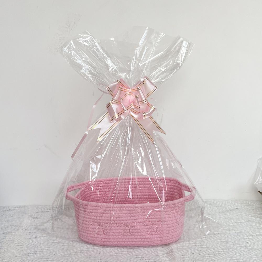 

Pink Bow Cotton Rope Storage Basket with Handle for Bathroom