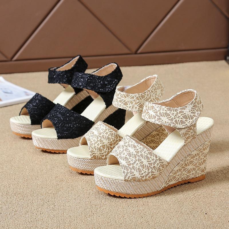 Summer new wedge heel fish mouth sandals women's breathable muffin thick-soled high-heeled Velcro lace women's shoes