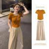 2026 Summer Women's Ladylike Temperament Short Sleeve T-Shirt & Wide-Leg Pants Two-Piece Set