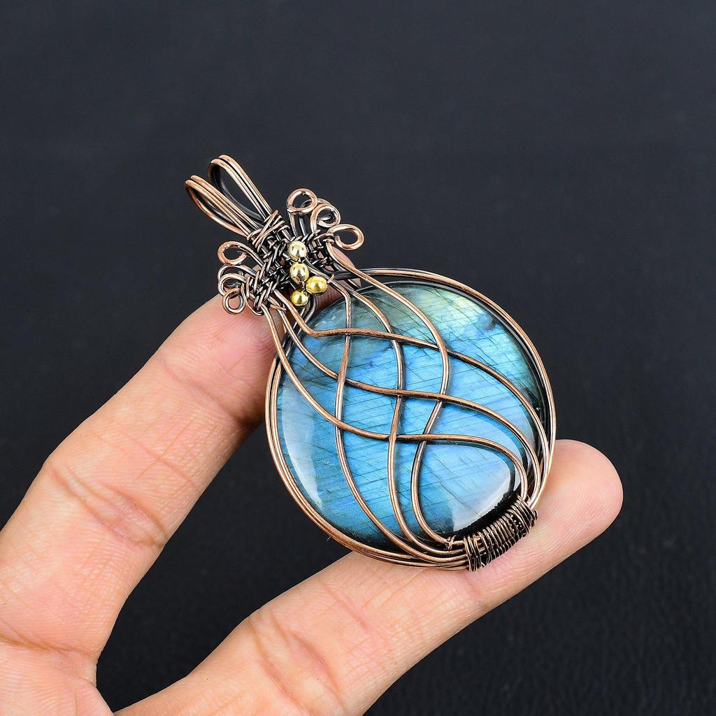 Labradorite Pendant, Handmade Gemstone 999 Copper Wire Wrapped Pendant Antique Jewelry, For Gift Silver Jewelry
