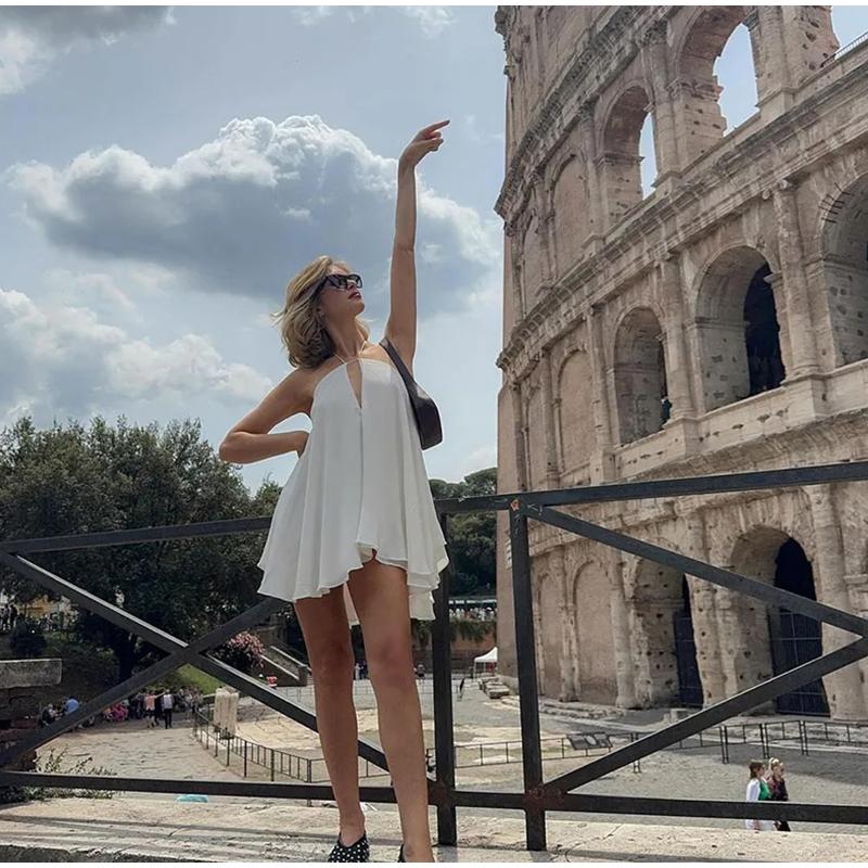 Ladies Sexy Deep V-neck Halter Suspender Dress Loose A-line Dress Skirt Party Dinner