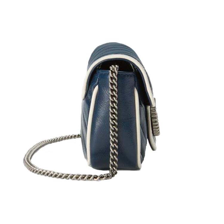 Gucci GG Marmont Chevron Quilted Navy Blue Leather Mini Chain Shoulder Bag With White Trim For Women Luxury Daily Use