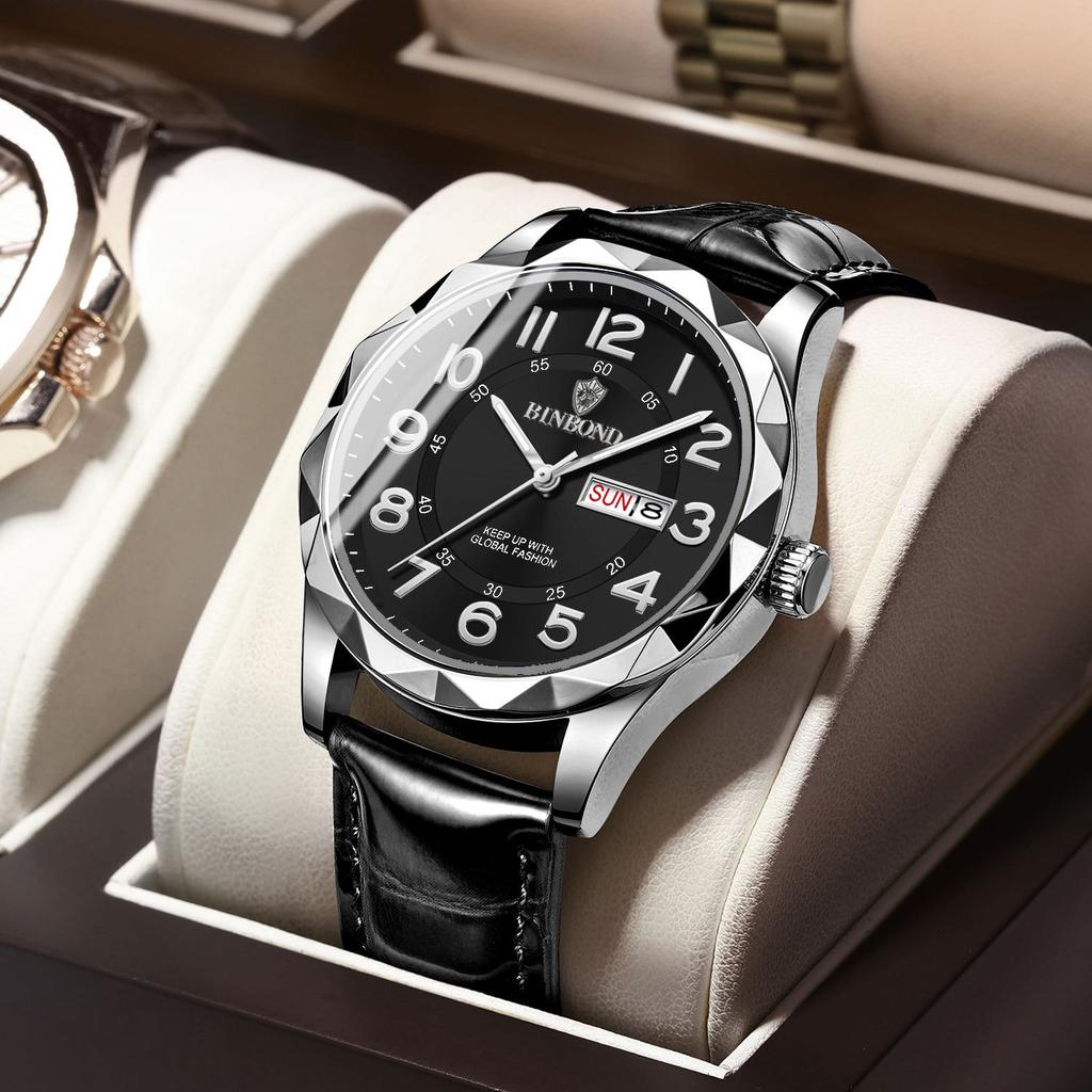 Fashion Ultra-thin Luminous Automatic Movement Waterproof Calendar Belt Men's Watch Business Fashion Student Quartz Watch