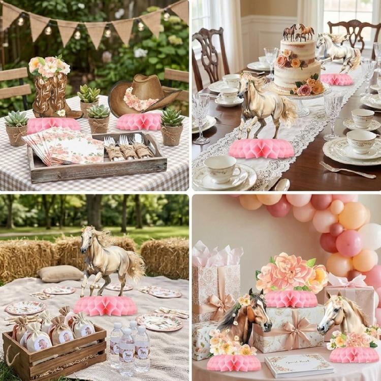Pink Honeycomb Horse Centerpieces Set, 8 Piece Girl Birthday Table Decorations with Florals Horse, Horseshoes and Boot Pattern for Dessert Table