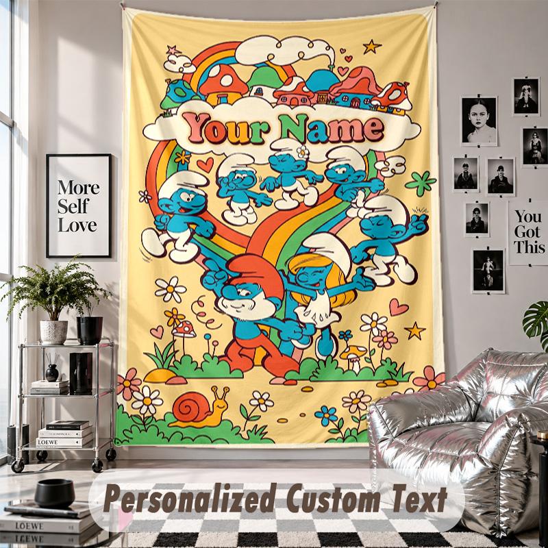 Wall Hanging Tapestry With Custom Name & Text, Smurfs Decorative Tapestry For Bedroom