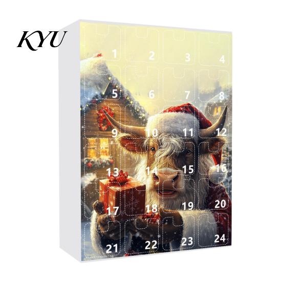 Holiday Countdown Box with Santa Hat Calves Christmas Advent Calendar, 24 Day Highland Cow Tree Decoration Ornaments Acrylic Pendants, Festive Hanging