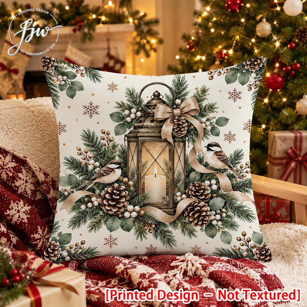 2D FLAT-1pc Vintage Christmas Style Floral and Bird Lantern Pillowcase, Featuring a 2D Flat Printing Process, Is a Light-toned Decorative Pillowcase S