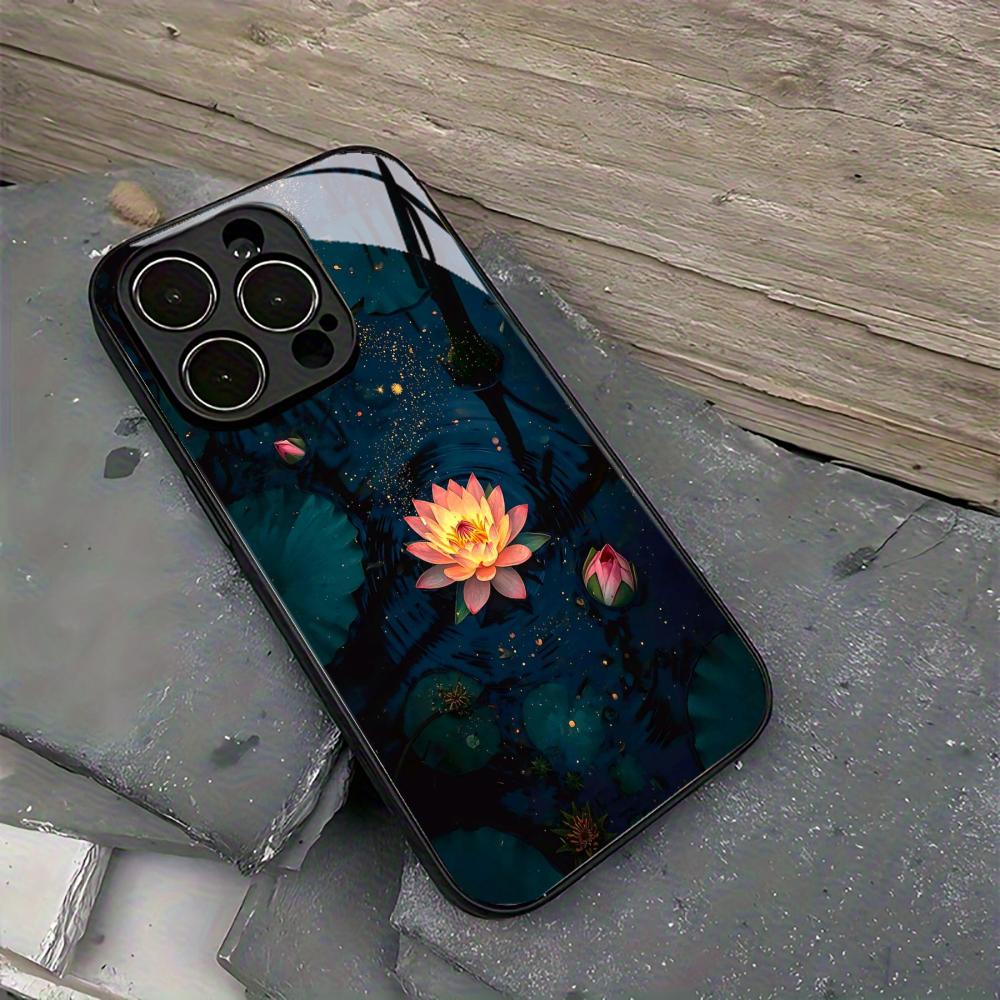 Lotus Black Tempered Glass Case For iPhone 17 16 15 14 13 12 Pro Max Shockproof Anti Fingerprint Phone Back Cover Hard Shell