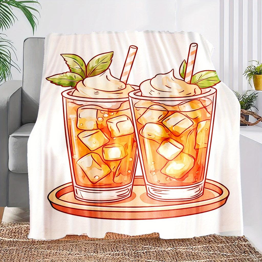 1pc Cozy Flannel Blanket with Refreshing Beverage Print – Soft, Warm, and Versatile for Home, Office, Camping, or Beach – Perfec