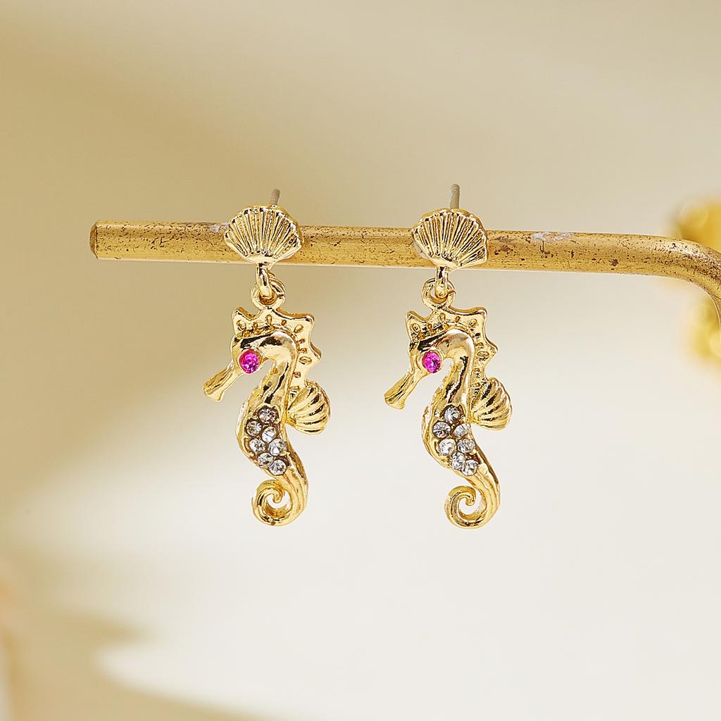 Vacation Style Shiny Rhinestone Seahorse Drop Earrings For Women Crystal Zircon Enamel Sea Animal Seahorse Earring Ocean Jewelry