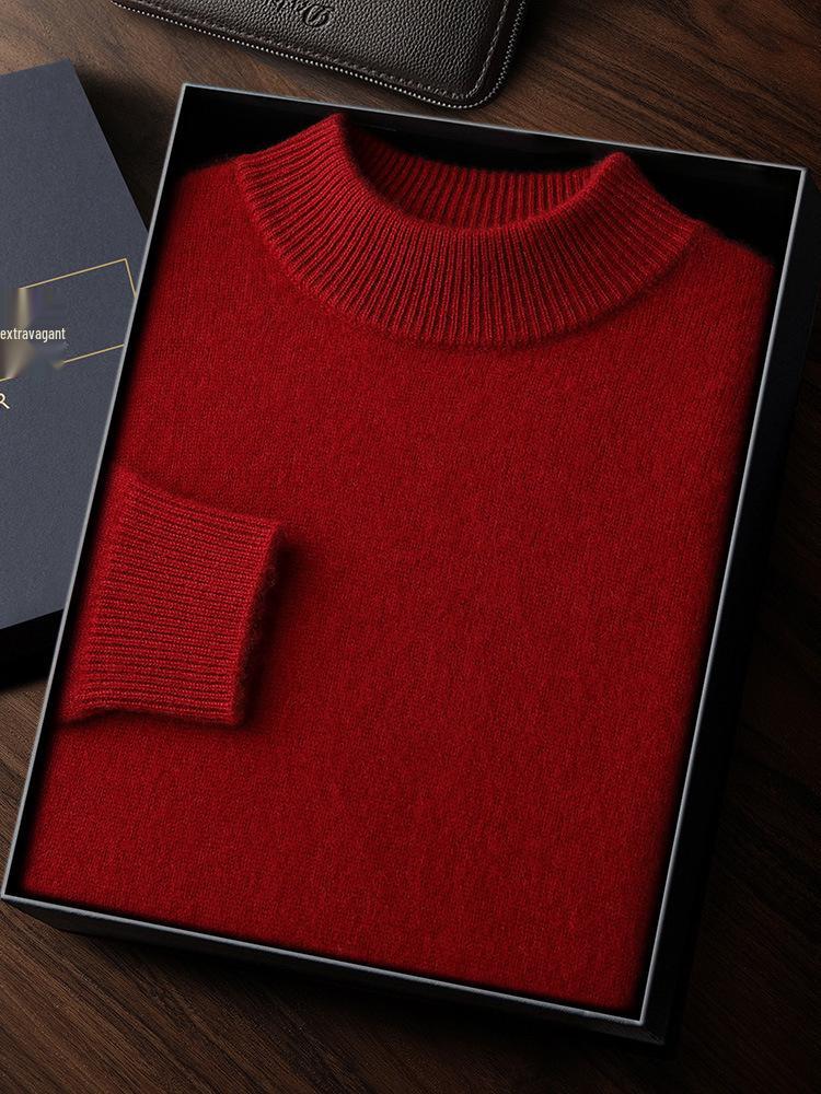 Men's Double-Thick Lamb Cashmere Sweater, Solid Color, Round Neck, Autumn/Winter Base Layer.