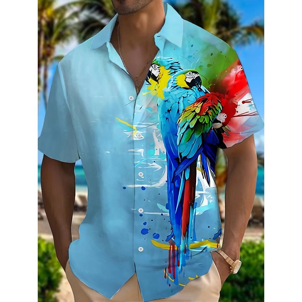 2025 New Men's Shirt 3d Fashion Casual Parrot Bird Print Hawaiian Lapel Button Shirt Short Sleeve Top Homme Harajuku Ropa Hombre