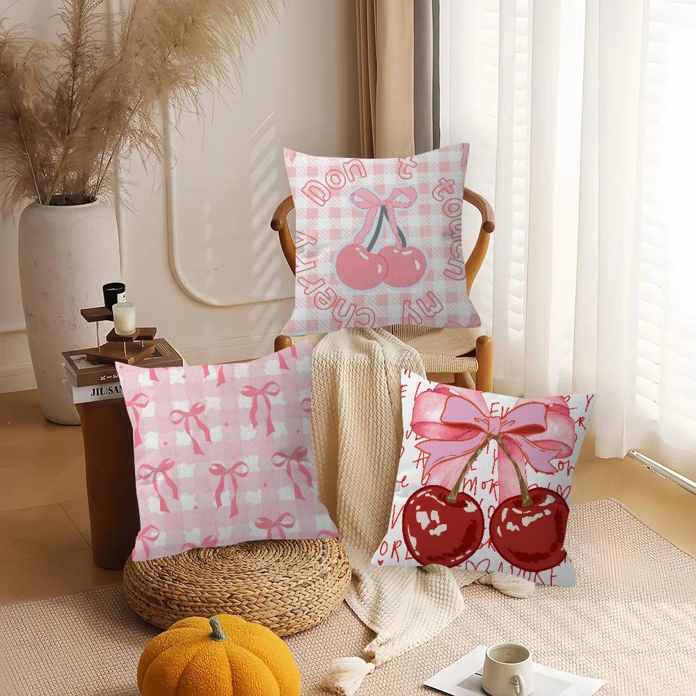 Art Pink Bow Cherry Lovely Kawaii Cushion Cover Inches Farmhouse Decor Home Throw Pillow Covers For Couch Decorations