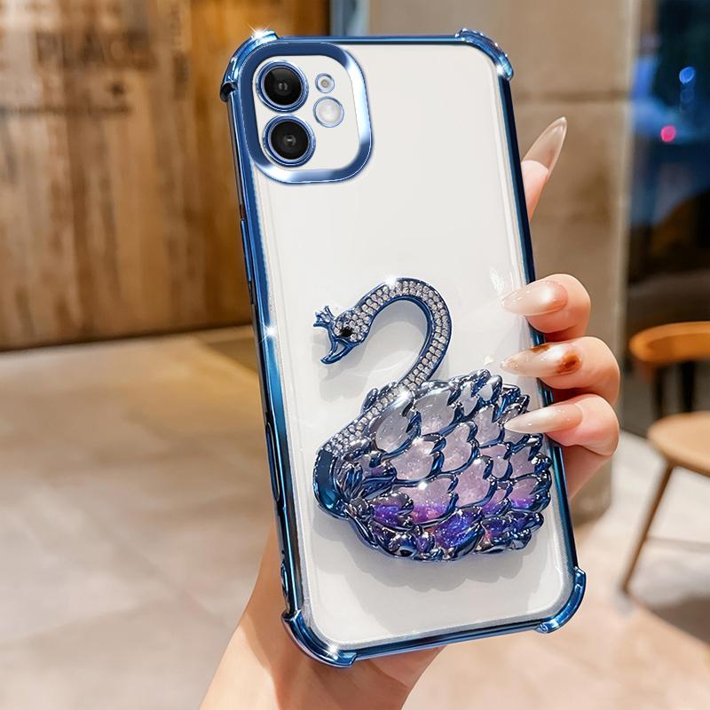 KEYSION Shockproof Plating Phone Case for iPhone 11 12 Pro Max Clear TPU Glitter Jewelled Swan kickstand Back Cover for iPhone 11