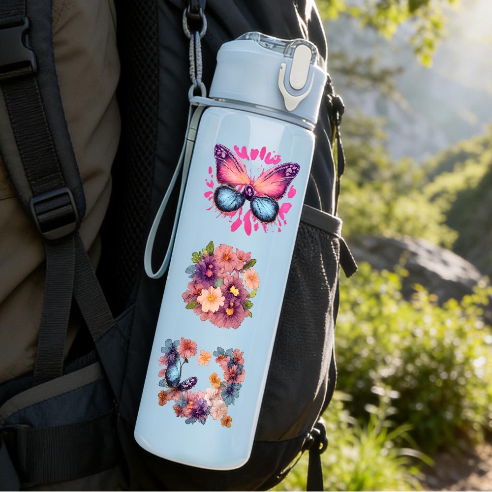 1PC Multi Color Butterfly Collage Graphic,750ml Color Plastic Sports Water Bottle,Leakproof Flip Straw Lid,Suitable for Sports Office Home Use